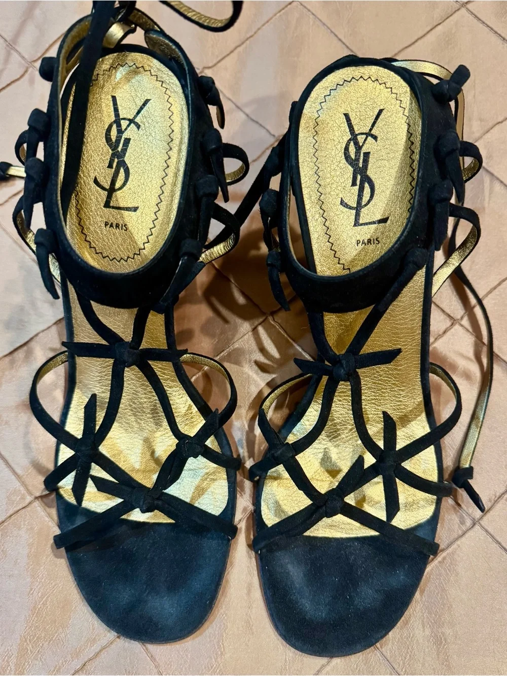 Yves Saint Laurent Black Suede Lace-Up Strappy Heels with Gold Insole, size 41.5